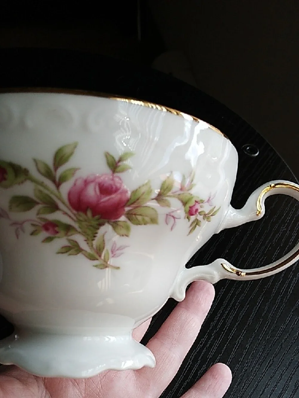Johann Haviland Vintage White Porcelain Teacups with Pink Rose Motif Gold Trim